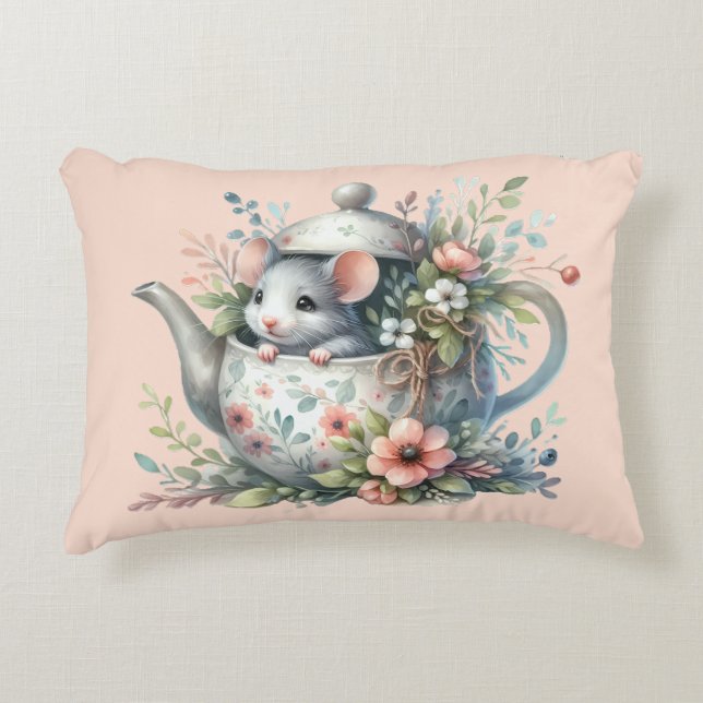 Coussins Décoratifs Souris mignonne en théière florale Illustration (Devant)