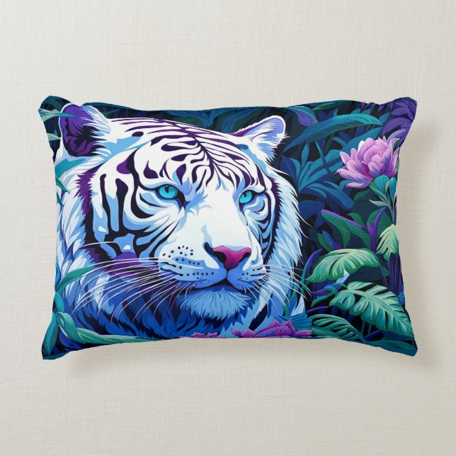 Coussins Décoratifs Tigre blanc avec fleurs violettes (Devant)