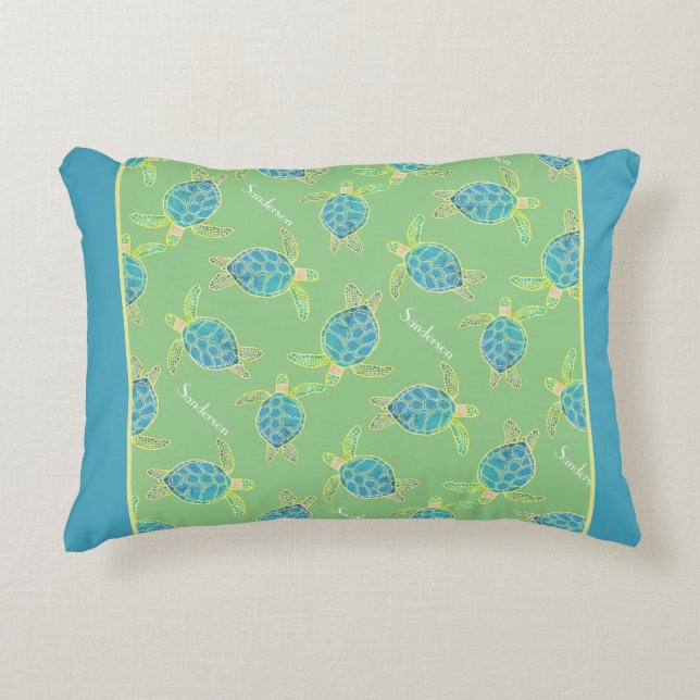 Coussins Décoratifs Tortue côtière monogramme bleu jaune vert (Devant)