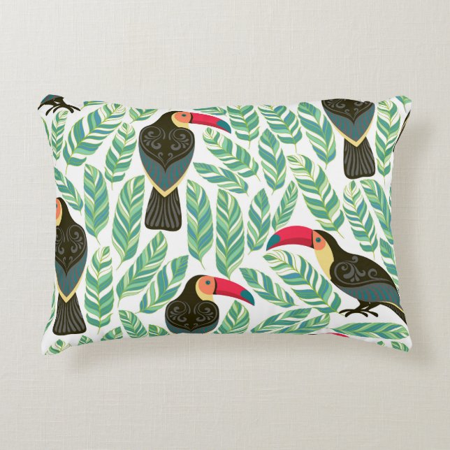 Coussins Décoratifs Toucans, feuilles tropicaux, motif décoratif. (Devant)