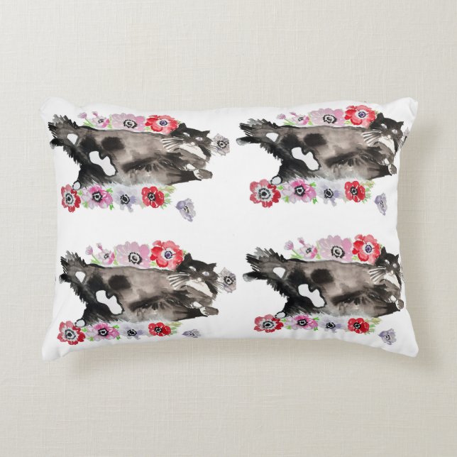 Coussins Décoratifs Tuxedo Chat Cute Jolie Fleurs Chats Aquarelle (Devant)