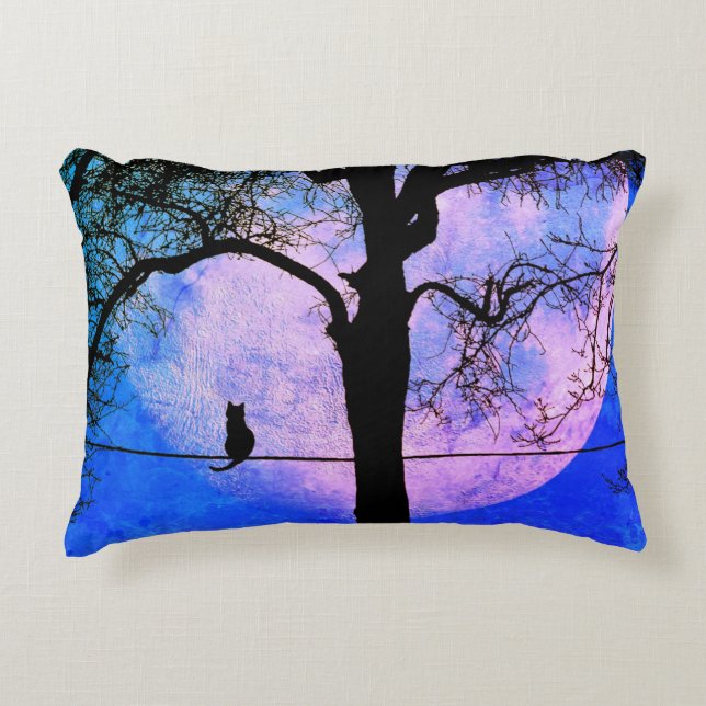 Coussins Décoratifs Un chat noir sur un fil pleine lune (Devant)