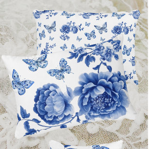 Coussins Décoratifs Vintage Chinoiserie Bleu Blanc Papillon Roses