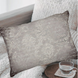 Coussins Décoratifs Vintage damask & script violet gris déprimé