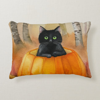Coussins Décoratifs Watercolor Chat noir en Citrouille Automne Forêt H