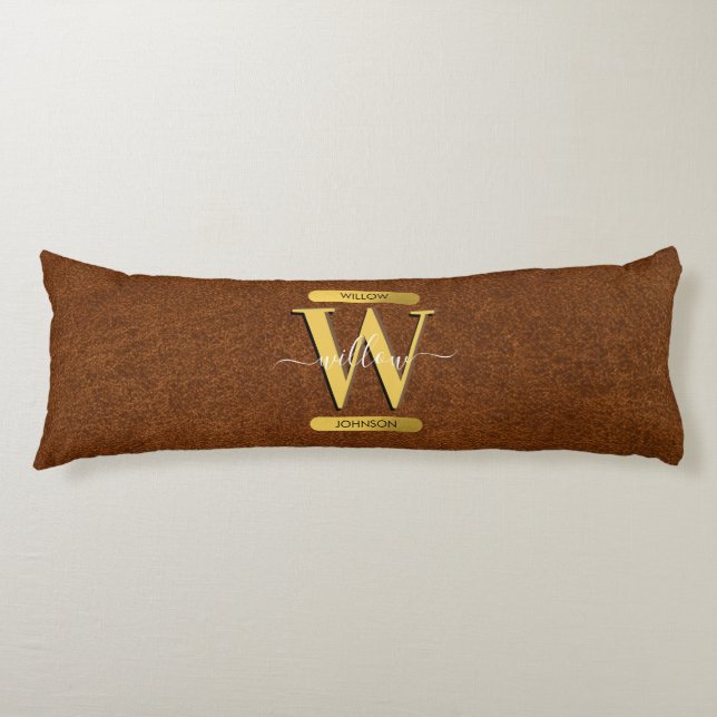 Coussins Longs Antique Faux Cuir & Or Monogramme (Devant)