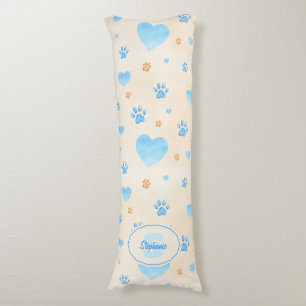 Coussins Longs Aquarelle Bleu Coeurs et Empreintes de pattes Moti