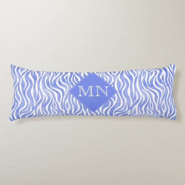 Coussins Longs Aquarelle bleu Denim Zebra Imprimer | Monogramme (Devant)