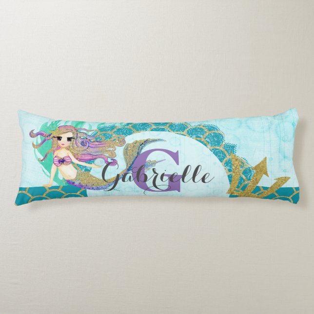 Coussins Longs Aquarelle mignonne de sirène Monogramme Turquoise  (Devant)