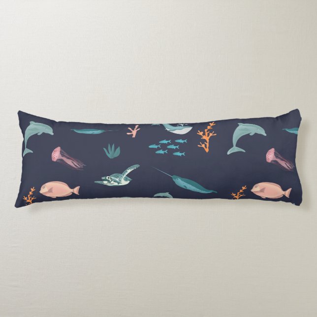 Coussins Longs Aquarelle Océan Sea Animaux Motif bleu (Devant)