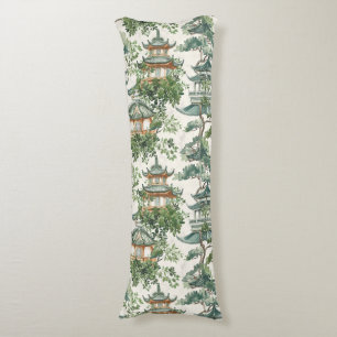 Coussins Longs Aquarelle Pagode asiatique dans paysage verdoyant 