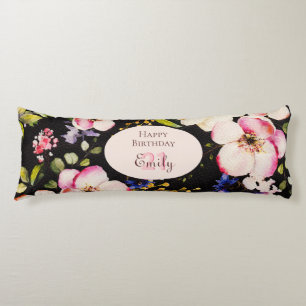 Coussins Longs Aquarelle Roses rose et jaune sur Noir, Anniversai