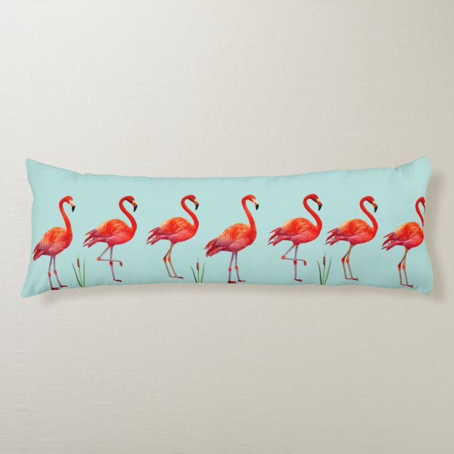 Coussins Longs Beaux Flamants roses roses sur bleu clair (Devant)