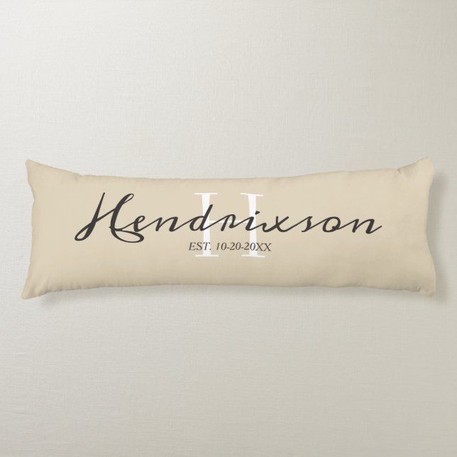Coussins Longs Beige Customisé Monogramme Nom Élégant (Devant)