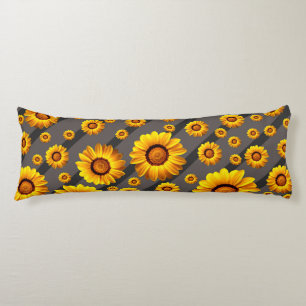 Coussins Longs Belles fleurs jaunes sur gris, rayures noires