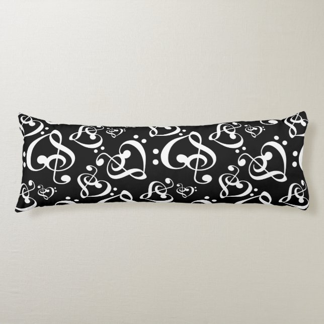 Coussins Longs Black N White Clef Hearts Notes musicales Motifs (Devant)