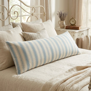 Coussins Longs Bleu vintage et rayures crème, style campagne fran