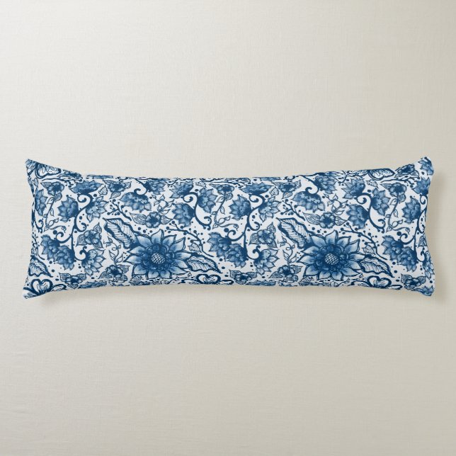 Coussins Longs Boho Floral | Grandes Fleurs | Bleu classique (Devant)