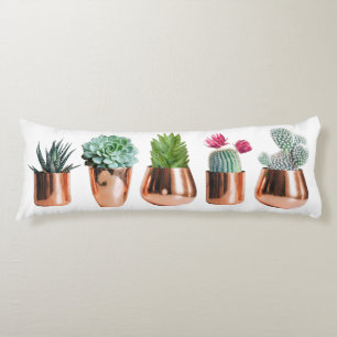 Coussins Longs Cactus et succulents dans des pots d'or Roses