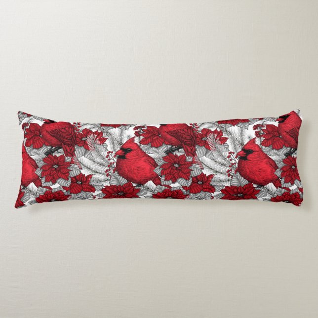 Coussins Longs Cardinaux et poinsettia en rouge et blanc (Devant)