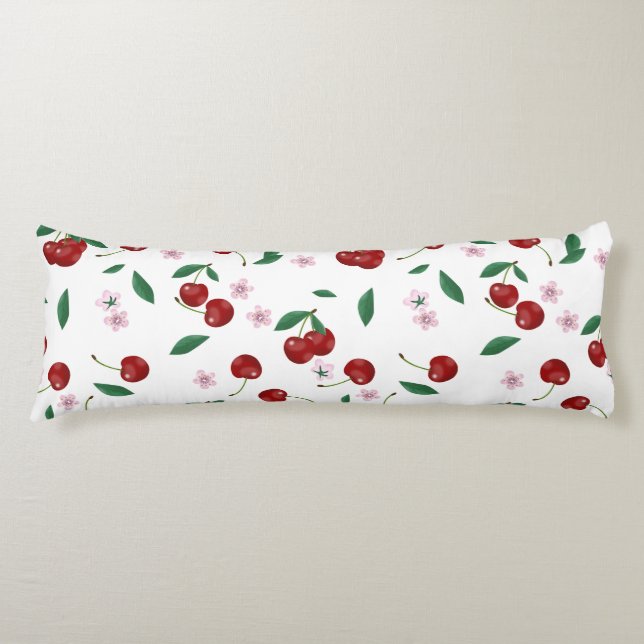 Coussins Longs Cerises rouges botaniques Verdure & Fleurs de ceri (Devant)