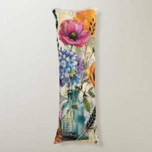 Coussins Longs Collage d'art mixte botanique vibrant