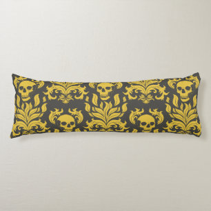 Coussins Longs Crâne flamme Damas en moody jaune sur gris foncé