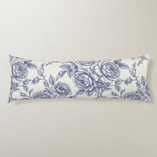 Coussins Longs Élégant floral roses crème bleues Toile de Jouy