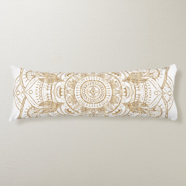 Coussins Longs Elégant Mandala Blanc & Or Dessiné À La Main (Devant)