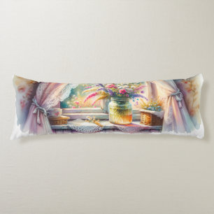 Coussins Longs Fenêtre de cottage ensoleillée avec fleurs sauvage