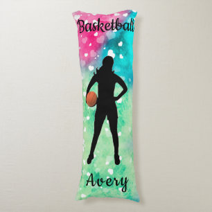 Coussins Longs Filles Basketball Aquarelle avec Coeurs flottants