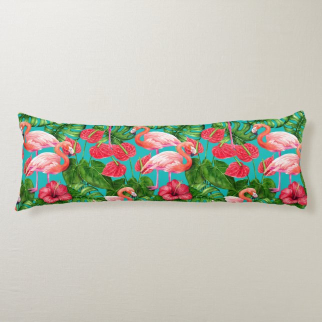 Coussins Longs Flamant rose et aquarelle du jardin tropical (Devant)