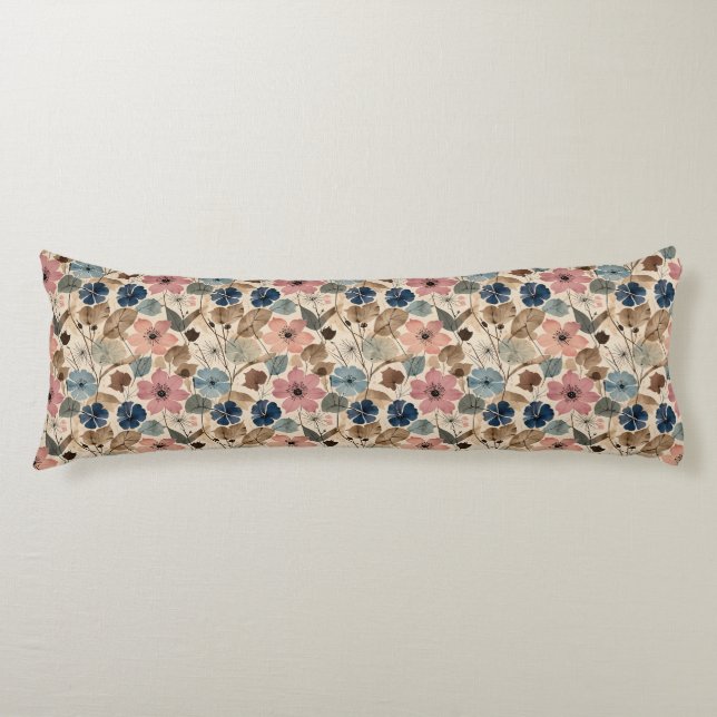 Coussins Longs Fleurs 1950 en rose Dusty, bleu (Devant)