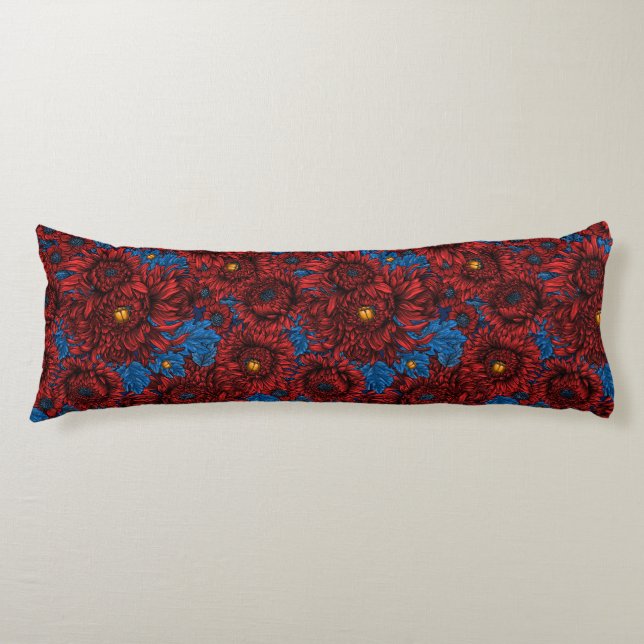 Coussins Longs Fleurs de chrysanthème rouge et coléoptères orange (Devant)