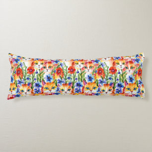 Coussins Longs Fleurs et chats d'aquarelle d'art populaire