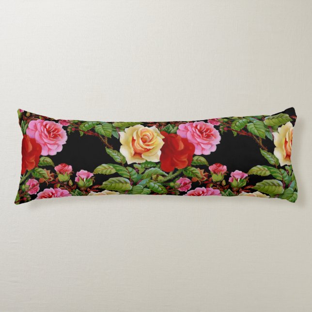 Coussins Longs Fleurs florales Roses rouge rose jaune vert (Devant)