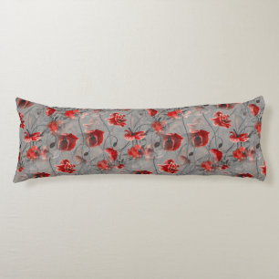 Coussins Longs Fleurs rouges sur Gris foncé, Pépites rouges à pap