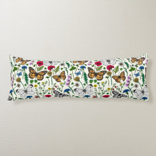 Coussins Longs Fleurs sauvages et papillons sur blanc