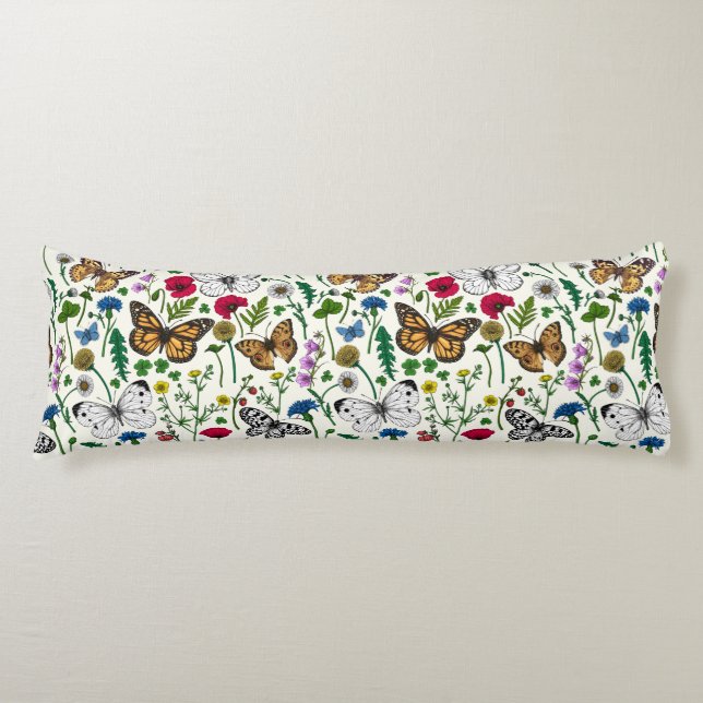 Coussins Longs Fleurs sauvages et papillons sur blanc (Devant)