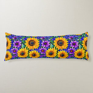 Coussins Longs Fleurs violettes et tournesols jaunes Floral