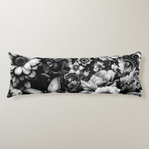 Coussins Longs Florale d'antiquité monochrome avec papillons