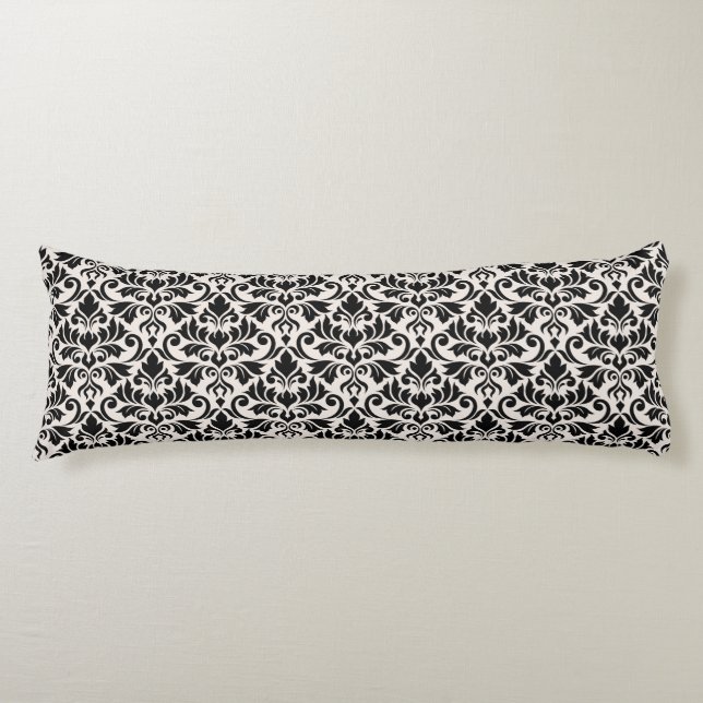 Coussins Longs Flourish Damask Pattern Black on Cream (Devant)