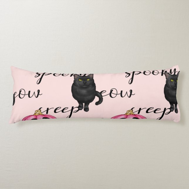 Coussins Longs Jack-O-Lantern rose et chat noir (Devant)