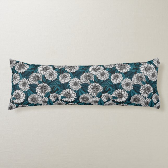 Coussins Longs Jardin blanc Dahlia / feuilles bleus 2 (Devant)