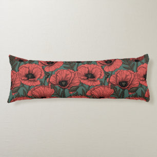 Coussins Longs Jardin de coquelicot dans le corail, brun et vert 