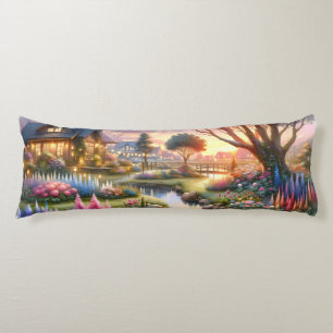 Coussins Longs Jardin de Cottage Fantaisiste au Coucher du Soleil