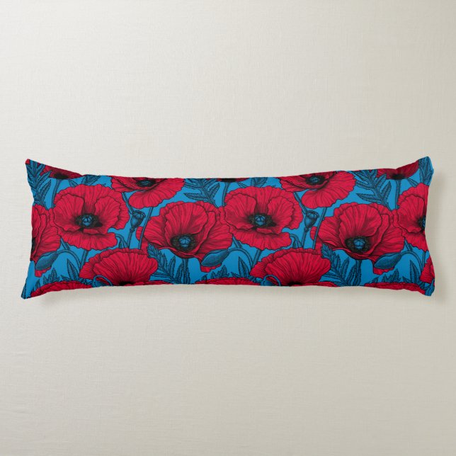 Coussins Longs Jardin de pavot rouge sur bleu (Devant)