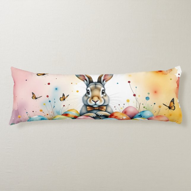 Coussins Longs Joli lapin de Pâques avec des œufs peints colorés (Devant)