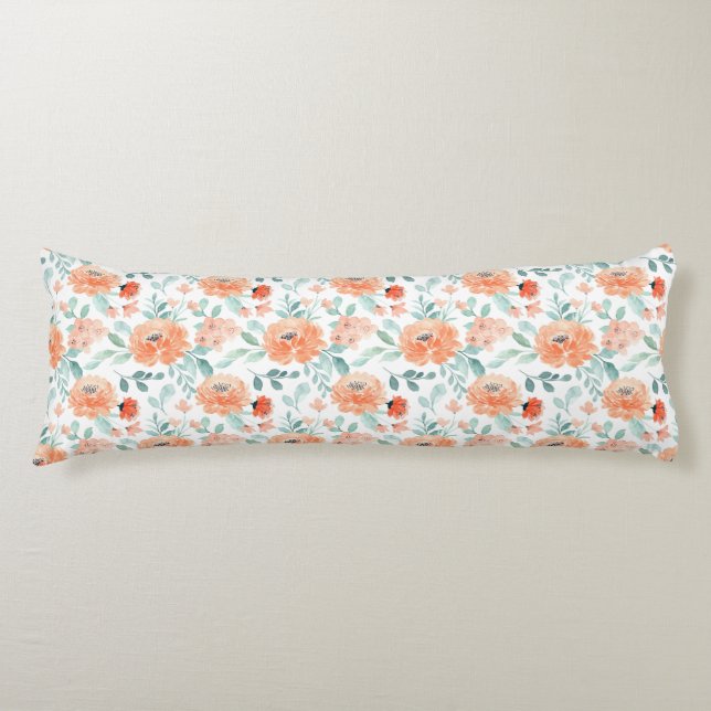 Coussins Longs Jolie Peach Aquarelle Florale Vert Feuille Blanc (Devant)