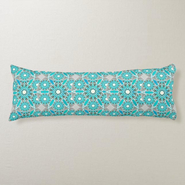 Coussins Longs Mandala motif, turquoise, gris argenté et blanc (Devant)